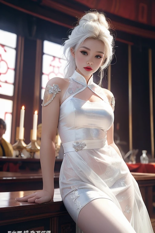 realisticlying, A high resolution, 1 rapariga, White color hair, korean people, eBlue eyes, The transparent cheongsam is flying，Sheer tight-fitting garments，Beads of sweat dripped down the buttocks，Large chest，Wide buttock， your ass，Butt visible，Visible on the back，buttocks visible，Ass pouted，wide wide shot，Cinema lenses，The skin glows，space ship，