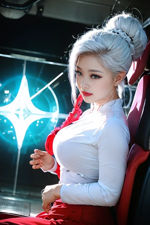 realisticlying, A high resolution, 1 rapariga, White color hair, korean people, eBlue eyes, The transparent cheongsam is flying，Sheer tight-fitting garments，Beads of sweat dripped down the buttocks，Large chest，Wide buttock， your ass，Butt visible，Visible on the back，buttocks visible，Ass pouted，wide wide shot，Cinema lenses，The skin glows，space ship，