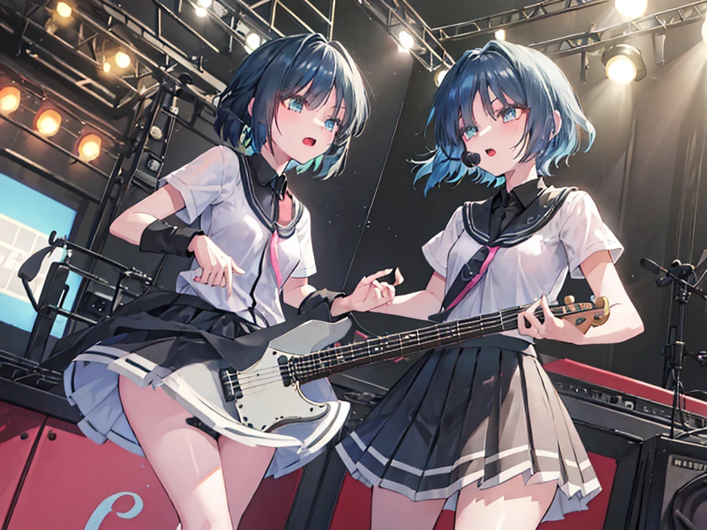 ＜High precision＞Two Girls,Guitar and vocals,Black Mini Skirt,short cut and ponytail,Music Stage,Singing passionately,Heat