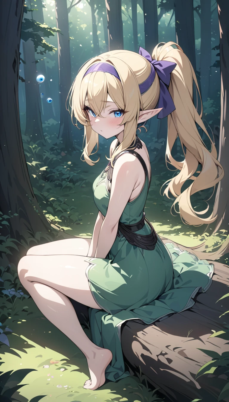 ((blonde hair)), highly detailed face and eyes, (ponytail), jewelry, purple hairband, long pointy ears, anime, masterpiece, textured skin, (super detail), award winning, (best quality), elf, in forest, Sunbeams filtering through the trees, (green dress), whole body, beautiful legs, eyeball, blue eyes, sitting