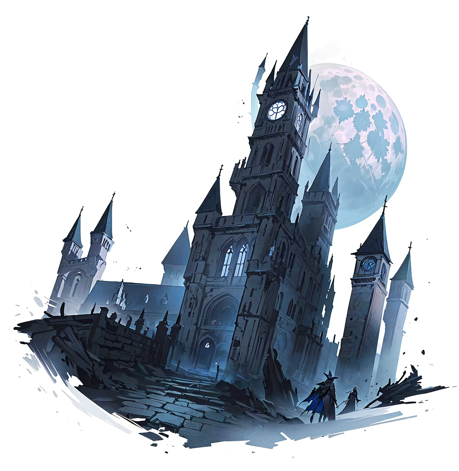 There is a black and white photo，Above is a castle with a bell tower, shadowy castle background, Castle scene cartoon,Fifth personality style,Anime style， Dark Castle Background, Moon Painted Tower, Inspired by Castlevania, Dark Castle Setting, Bloodborne Art, Bloodborne Cathedral, background technology, Gothic castle, Bloodborne concept art, Bloodborne style, Hollow Knight concept art, scarry castle). mystery