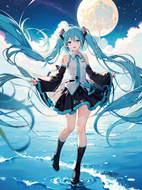 Hatsune Miku、whole body、Floating、Hold your knees、dynamic、Long twin tails