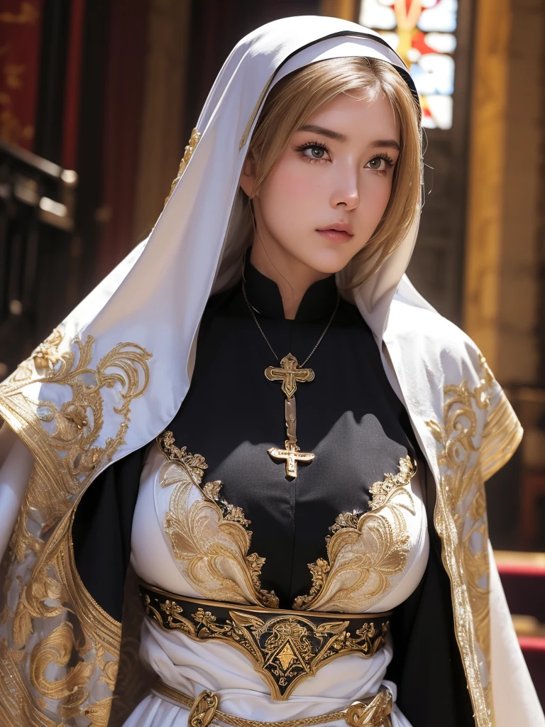 (8K, Highest quality:1.2)、masterpiece, Beautiful female monk, (Attractive American Model),(( Gold and black clothes))、Long sleeve、(( Mature Female Warrior Nun)), ((細部までこだわったRobe)), (Strong muscular body),(Powerful arms)、 (Light blonde hair), Braid、Disheveled Hair、((Delicate embroidery))、 High resolution, (Skin Texture:1.1), Highest quality, 超High resolution, (Realistic: 1.4), RAW Photos, Nikon D850 film stock photos, F1.6 Lenses, Rich colors, Bokeh, Sharp focus, Realistic, Cinestill 800, Backlight, Rim Light, Strong sunlight, Realistic, Realistic Shadow, 3d, (Church Background:1.2),Hair blowing in the wind、whole body、(((Ancient fantasy female priest))),Combat Accessories,breastplate、(Skirt with sleeks))、Voluminous lips、(((Big Breasts)))、((Large Breasts))、Cleavage、((Perfect Face))、Big eyes、Delicate eyes、Body-fitting armor、looking at the camera、belt、Intricately patterned armor、Monk Armor、Delicate hands、Robe(masterpiece:1.2), (Highest quality:1.2), Perfect Eyes, Perfect Face, Volumetric lighting, One Mature Woman,(( Mature Female Warrior Nun)),