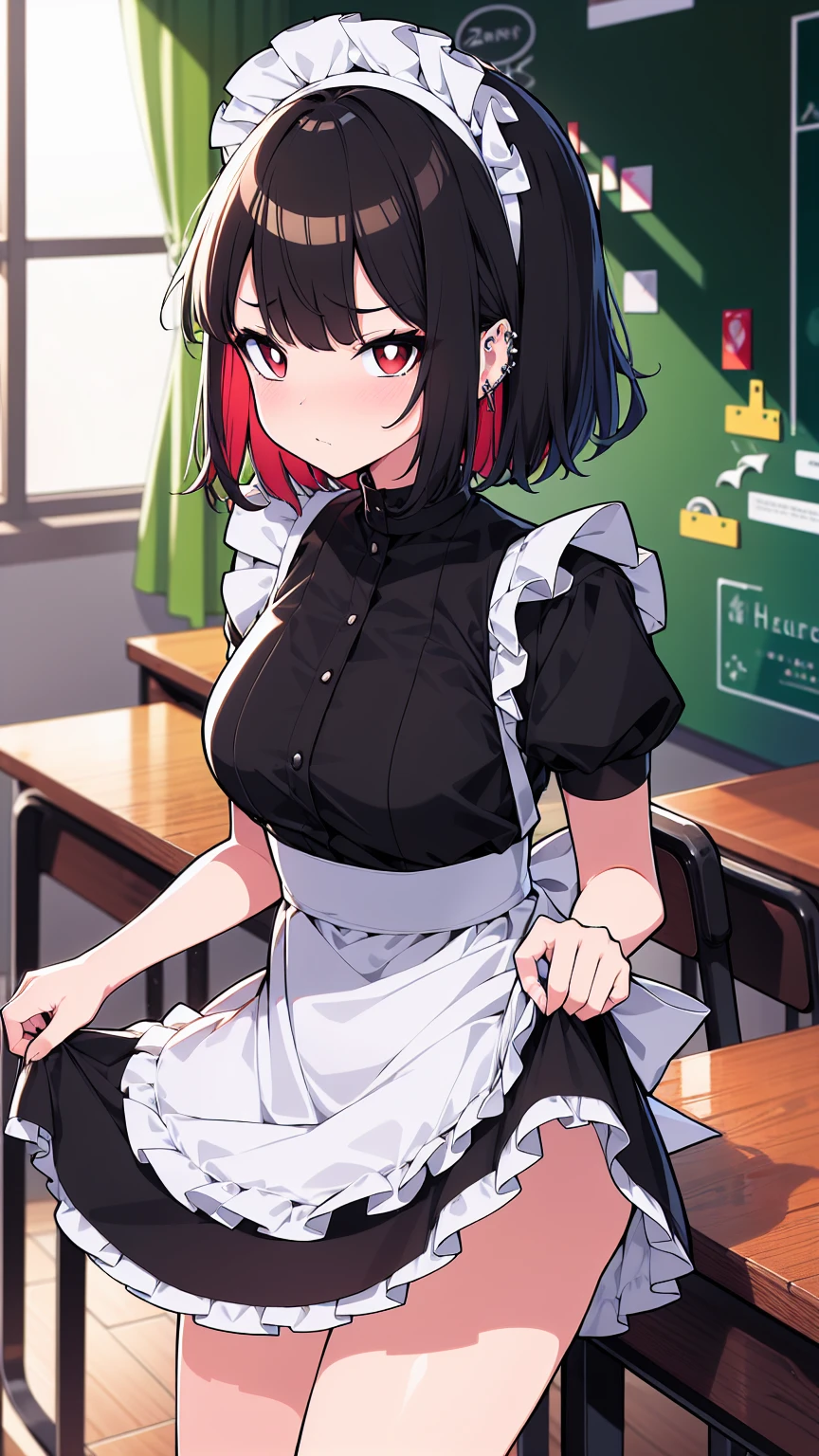 (cowboy shot),(ultra-high resolution, depth of field:1.2),Zenless Zone Zero,(Elen Joe:1.1),1woman,mature,black hair,short hair,inner color hair,(red eyes),medium breasts,crossed arms,maid dress,shark tail,maid apron,maid headdress,piercing,short sleeves,in classroom,sitting,sit in a chair,skirt lift,skirt hold,(((disgust,disgusted)))