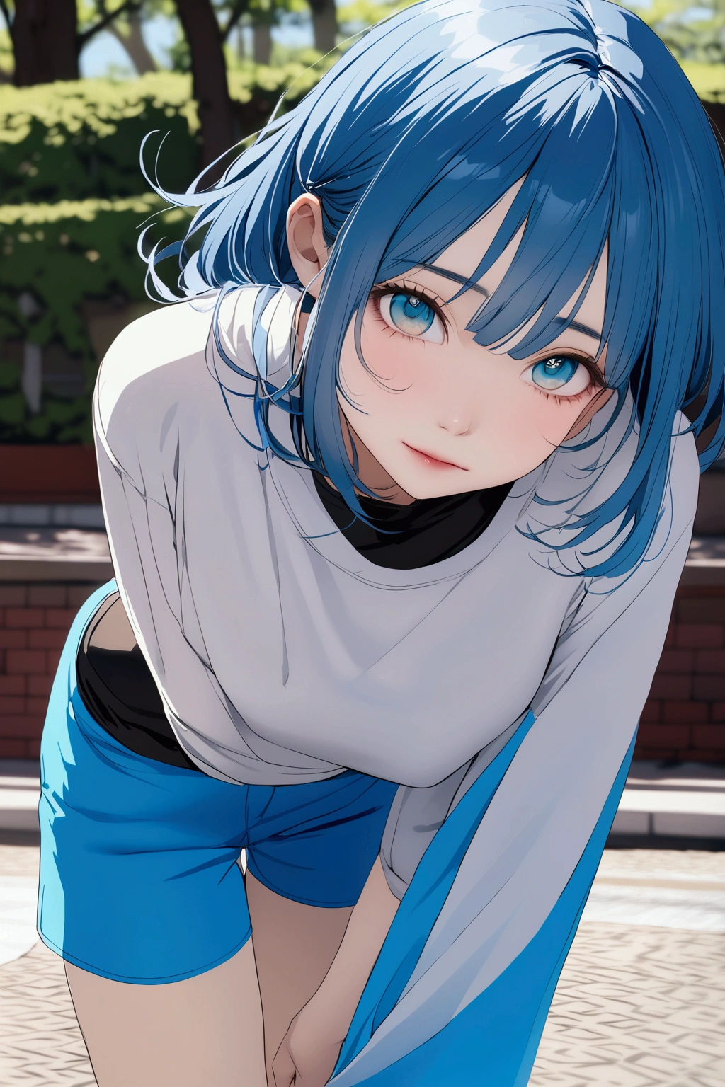 "Create an image of a character with a small, delicate face and a slender nose. The character should have a natural appearance with no makeup, facing forward with large, cute eyes. The character has long, blue hair with short bangs, wearing a black long-sleeved top and shorts." Please keep in mind that while LeonardoAI can attempt to create an image based on this prompt, it may not perfectly match the specific character "MiRim" from the anime due to limitations in generating exact likenesses of copyrighted characters.