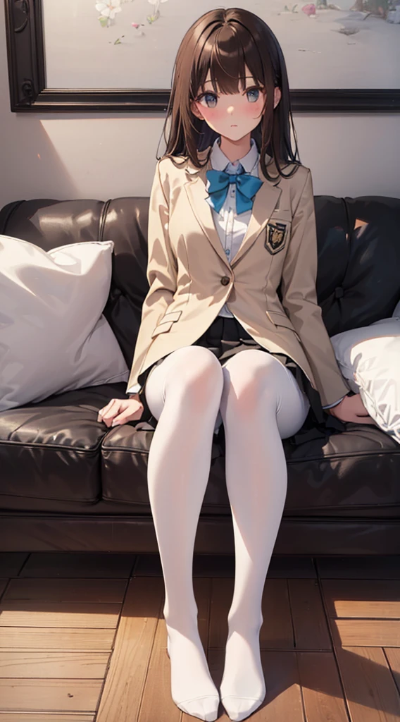 Top quality, masterpiece, High resolution, (Head to toe full body), front, frontやや下からの構図, Symmetric, Tall 18 year old girl, alone, (Head to toe), (Small breasts), Unkempt brown hair, bangs, (black tights), (Black Pantyhose), (Sit with your legs apart), (Crouching pose), (A composition showing white panties), (Her legs were spread、I see your white pants.), (I was made to sit on the floor with my legs spread..), (M-shaped legs), Thin legs, A very beautiful and tall 18 year old girl, (No shoes), blush, Shy big eyes, looking at the camera, Blazer Uniform, Checkered Pleated Skirt