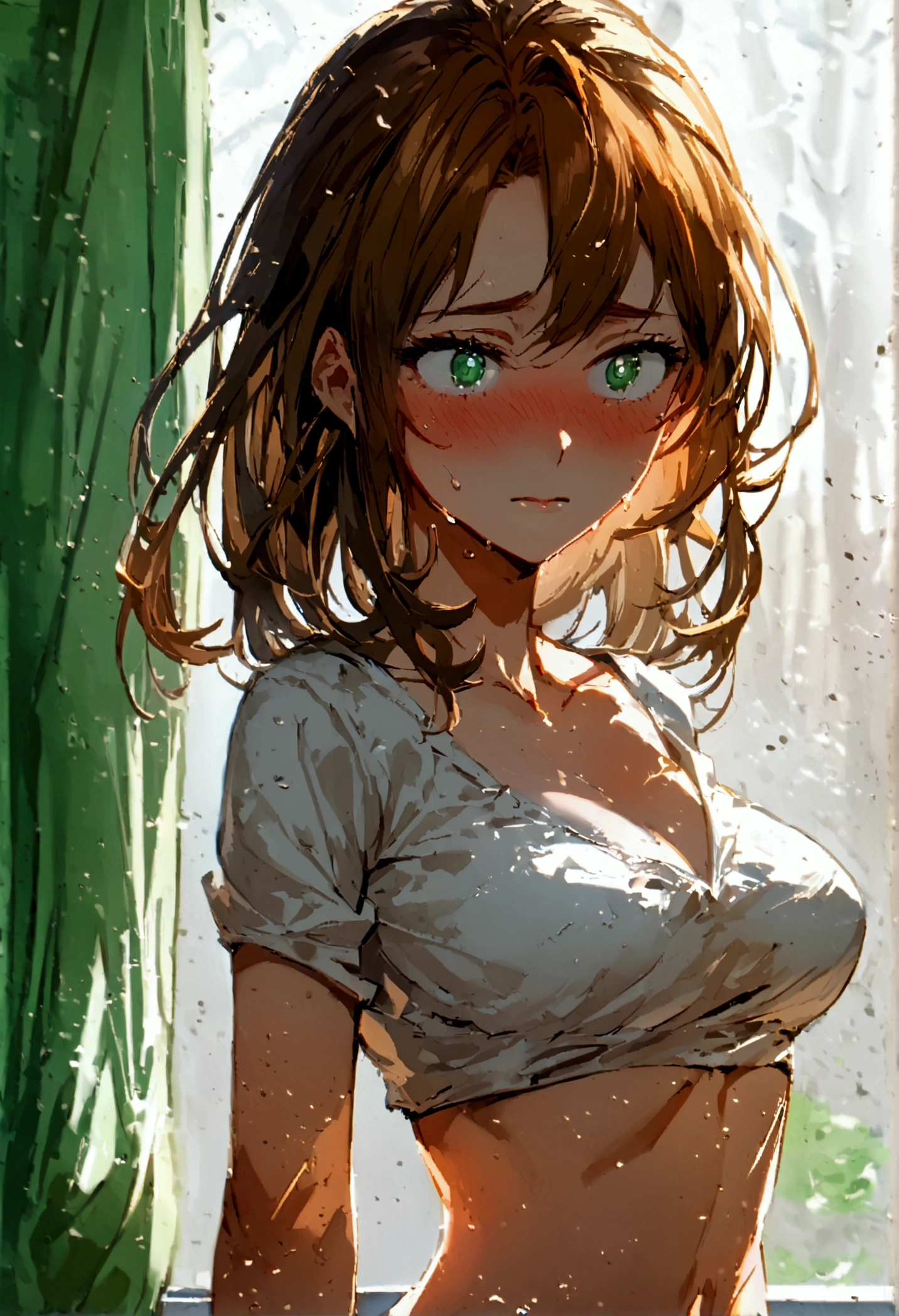 My Hero Academia style girl with medium long brown hair .,,medium large eyes, with a flirtatious and shy look, blushing slightly , green eyes, black compression blouse., with a white shirt and short gray skirt, with a very pronounced figure, View from the front