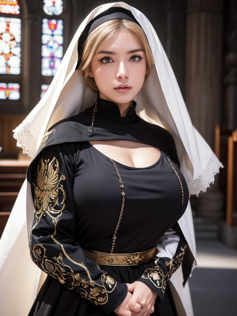 (8K, Highest quality:1.2)、masterpiece, Beautiful female monk, (Attractive American Model),(( Gold and black clothes))、Long sleeve、(( Mature Female Warrior Nun)), ((細部までこだわったRobe)), (Strong muscular body),(Powerful arms)、 (Light blonde hair), Braid、Disheveled Hair、((Delicate embroidery))、 High resolution, (Skin Texture:1.1), Highest quality, 超High resolution, (Realistic: 1.4), RAW Photos, Nikon D850 film stock photos, F1.6 Lenses, Rich colors, Bokeh, Sharp focus, Realistic, Cinestill 800, Backlight, Rim Light, Strong sunlight, Realistic, Realistic Shadow, 3d, (Church Background:1.2),Hair blowing in the wind、whole body、(((Ancient fantasy female priest))),Combat Accessories,breastplate、(Skirt with sleeks))、Voluminous lips、(((Big Breasts)))、((Large Breasts))、Cleavage、((Perfect Face))、Big eyes、Delicate eyes、Body-fitting armor、looking at the camera、belt、Intricately patterned armor、Monk Armor、Delicate hands、Robe(masterpiece:1.2), (Highest quality:1.2), Perfect Eyes, Perfect Face, Volumetric lighting, One Mature Woman,(( Mature Female Warrior Nun)),