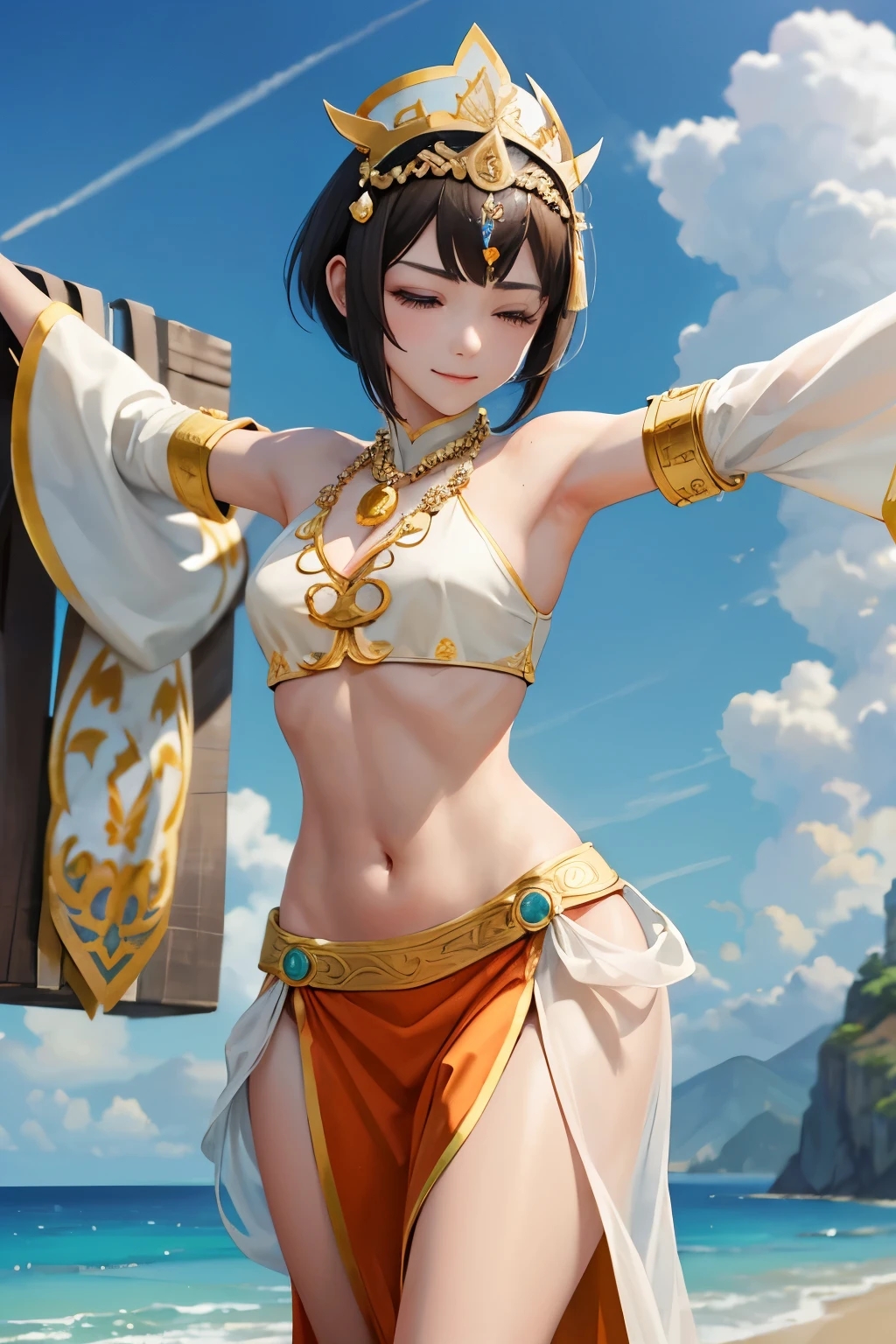 Tripitaka Monk、Sanzang Fashi、Unparalleled in the Three Kingdoms、Unparalleled OROCHI、No sleeve、Chest band、Navel sticking out、Pale green loose pants、Brown Hair、Bobcut、tiara、beads necklace、Sleeves longer than the arms、Troubled Smile、Crucifixion、Giant Cross、Tied to the Cross、（（（ＳＦＷ、sound、Highest quality、first-clasasterpiece、Normal body、8K、Detailed face、Ultra-precision、Normal hand、Normal finger、５Finger、Highest）））