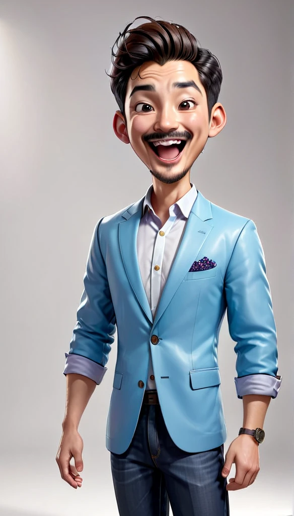 ”Create realistic full-body 4D cartoon characters with big heads. A 28-year-old Asian man with a happy and cheerful expression, mouth wide open. He has a bald head with wavy hair on the sides, large ears, bushy eyebrows, and a prominent mustache. He wore a light blue blazer over a white shirt. The picture is in an amulet shop. The illustration should emphasize his broad, happy smile and friendly demeanor.”