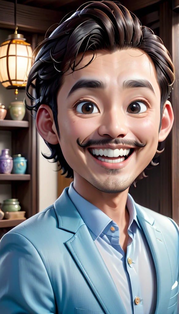”Create a realistic full 4D cartoon character with a big head. A 28-year-old Asian man with a happy and cheerful face. His mouth is wide open. He has a bald head with wavy hair on the side, big ears, bushy eyebrows and outstanding mustache. He wears a light blue blazer over a white shirt. Illustration The scene is in the amulet shop. The illustration should emphasize his wide smile, happy and friendly posture. “