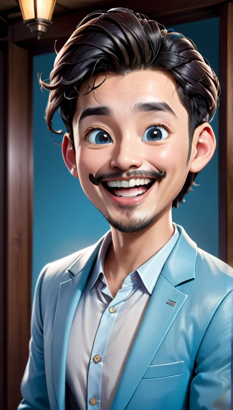 ”Create a realistic full 4D cartoon character with a big head. A 28-year-old Asian man with a happy and cheerful face. His mouth...