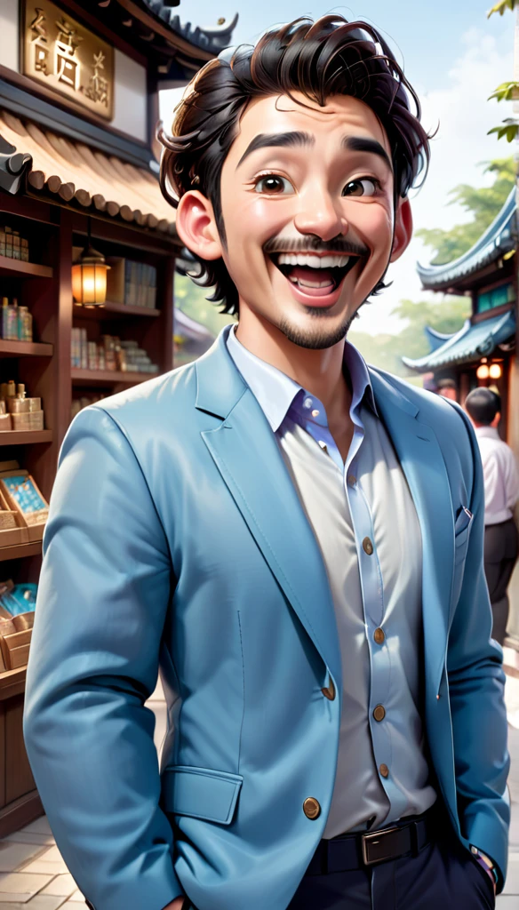 ”Create a realistic full 4D cartoon character with a big head. A 28-year-old Asian man with a happy and cheerful face. His mouth is wide open. He has a bald head with wavy hair on the side, big ears, bushy eyebrows and outstanding mustache. He wears a light blue blazer over a white shirt. Illustration The scene is in the amulet shop. The illustration should emphasize his wide smile, happy and friendly posture. “