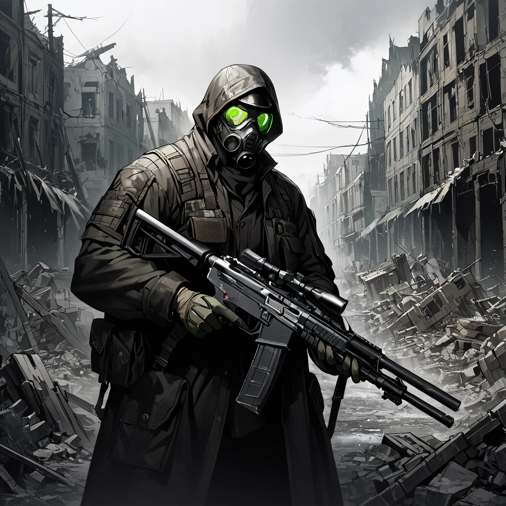 1man, russian, 40 years old, Character Design and Doomsday, Details, glowing steelgreen eyes, detailsTextured Skin, Black leather coat, Tactical half-gasmask, Holding a gun, aim action,(aim:1.2), Modified firearm, modify heavy firearms, ((destroyed town, apocalypses town,)