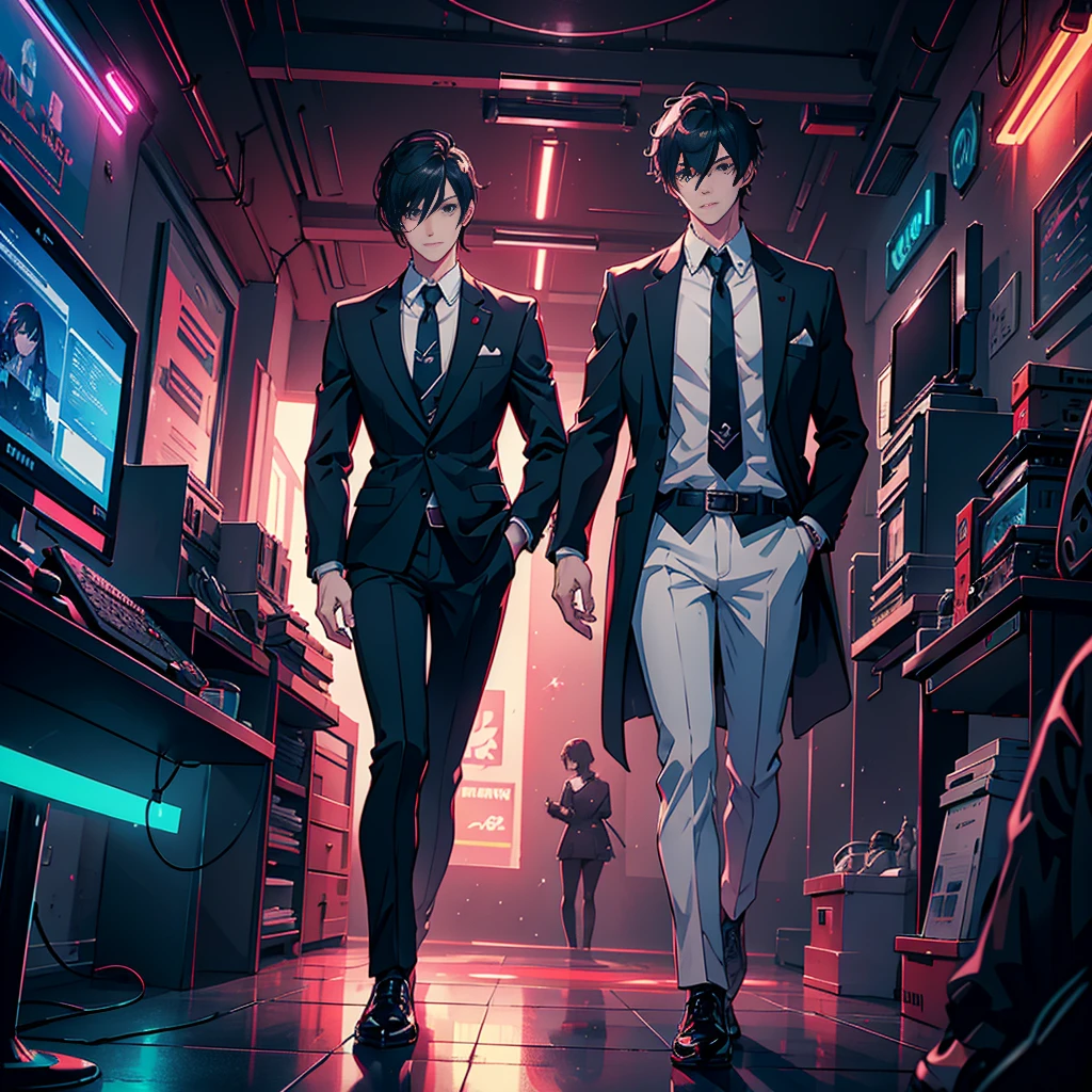 Create an Anime art style of a full body portrait of a 30-year-old handsome man with black hair and strong jawline, wearing a , tie, blazer and white sport shoe, opposite a woman with a short grey pixie cut, fair skin, wearing a  too with blazer, tie, and shoes, both in a gaming cafe exchanging flirty glances with gaming headphones, neon game controllers, detailed and dynamic, wide-angle, volumetric lighting, HDR, Artstation.