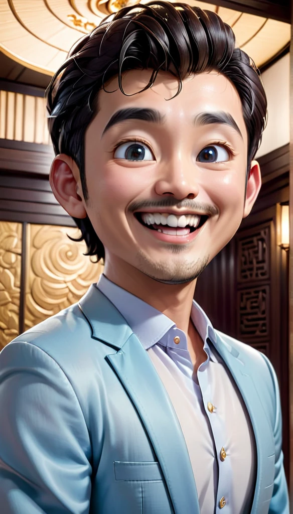 ”Create a fully realistic 4D cartoon character with a big head, 28-year-old Asian man with a happy and cheerful face. His mouth opened wide. He has a bald head with wavy hair on the sides, large ears, bushy eyebrows, and a distinctive mustache. He wears a light blue blazer over a white shirt. Illustration: The scene is in the amulet room. There is a Buddha statue. The illustration should emphasize a wide smile. His happy and friendly demeanor.”