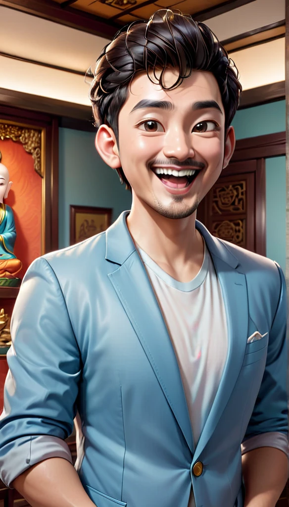 ”Create a fully realistic 4D cartoon character with a big head, 28-year-old Asian man with a happy and cheerful face. His mouth opened wide. He has a bald head with wavy hair on the sides, large ears, bushy eyebrows, and a distinctive mustache. He wears a light blue blazer over a white shirt. Illustration: The scene is in the amulet room. There is a Buddha statue. The illustration should emphasize a wide smile. His happy and friendly demeanor.”