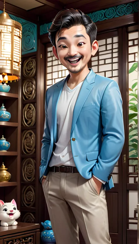 ”Create a fully realistic 4D cartoon character with a big head, 28-year-old Asian man with a happy and cheerful face. His mouth ...