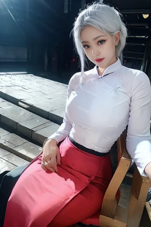 realisticlying, A high resolution, 1 rapariga, White color hair, korean people, eBlue eyes, The transparent cheongsam is flying，Sheer tight-fitting garments，Beads of sweat dripped down the buttocks，Large chest，Wide buttock， your ass，Butt visible，Visible on the back，buttocks visible，Ass pouted，wide wide shot，Cinema lenses，The skin glows，space ship，