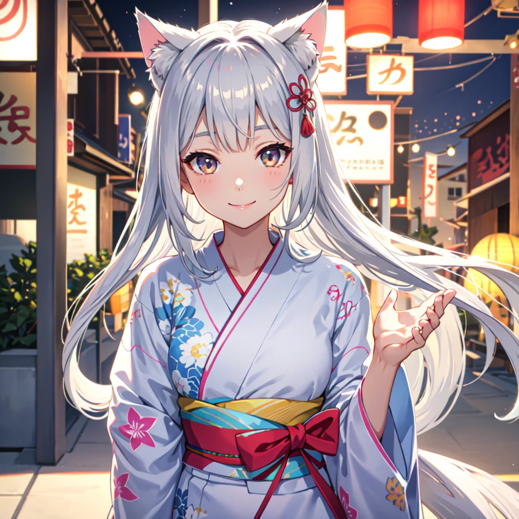 Close up of face,Young,,One person,Summer Festival Night, Yukata,Long Hair, Cat ear girl,Silver Hair, smile, looks fun, delicate design, Bright colors, detailed character design, Soft light and shadow, Cat&#39;s Tail, Red Yukata, Fireworks in the night sky, Face illuminated by light, Hair swaying in the wind, Characters stand out, The background is blurred, The focus is on the characters, Sharp details, Warm light at night,Grin,Provocative look