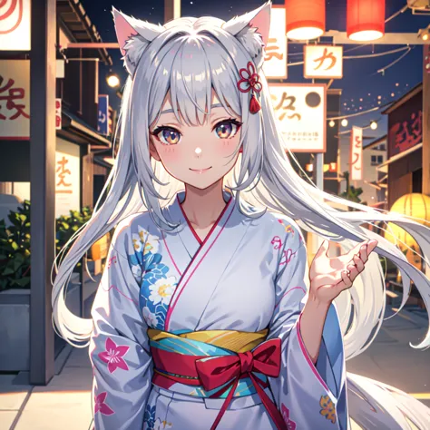 close up of face,young,,one person,summer festival night, yukata,long hair, cat ear girl,silver hair, smile, looks fun, delicate...