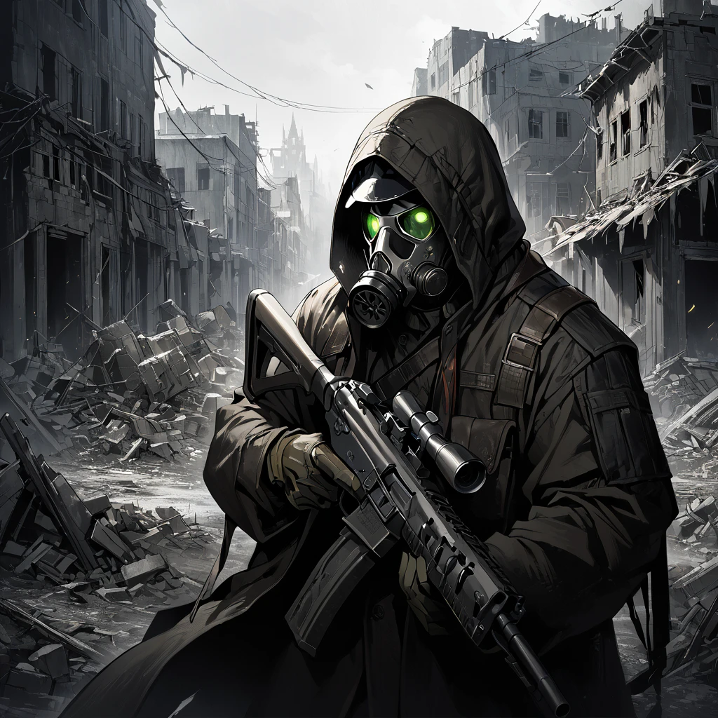 1man, russian, 40 years old, portrait, Character Design and Doomsday, Details, glowing steelgreen eyes, detailsTextured Skin, Black leather coat, ((half-gasmask)), Holding a gun, aim action,(aim:1.2), Modified firearm, modify heavy firearms, ((destroyed town, apocalypses town,)