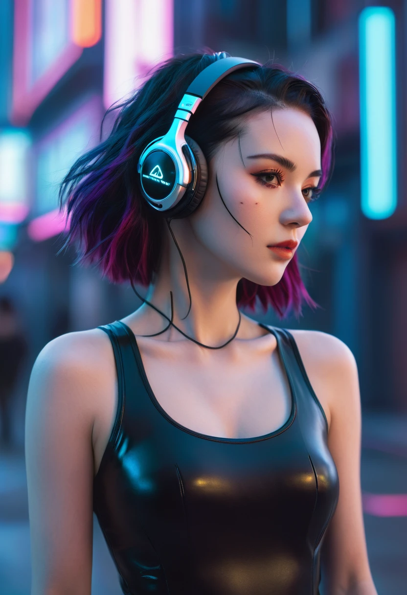 A woman wearing headphones stands next to, Cyberpunk Art by Jason A. Engel, CG Society, Retro-futurism, Ilya Kuvshinov, Science Fiction, Futuristic, Energetic, photoPractical, Practical, dramatic, light, Clear focus, 8K