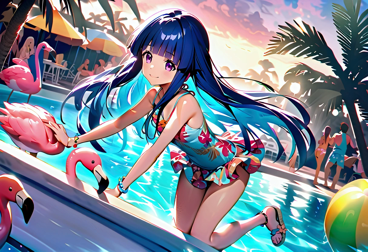 furude rika, Blue Hair, Purple eyes, Long Hair, blunt bangs, bangs, (Pool Party), Tropical print swimsuit, Flamingo float, Tropical Pool, Palm tree, Colorful cocktails, Summer Accessories, Bright smile, Festival Feeling, Mist effect, Glitter