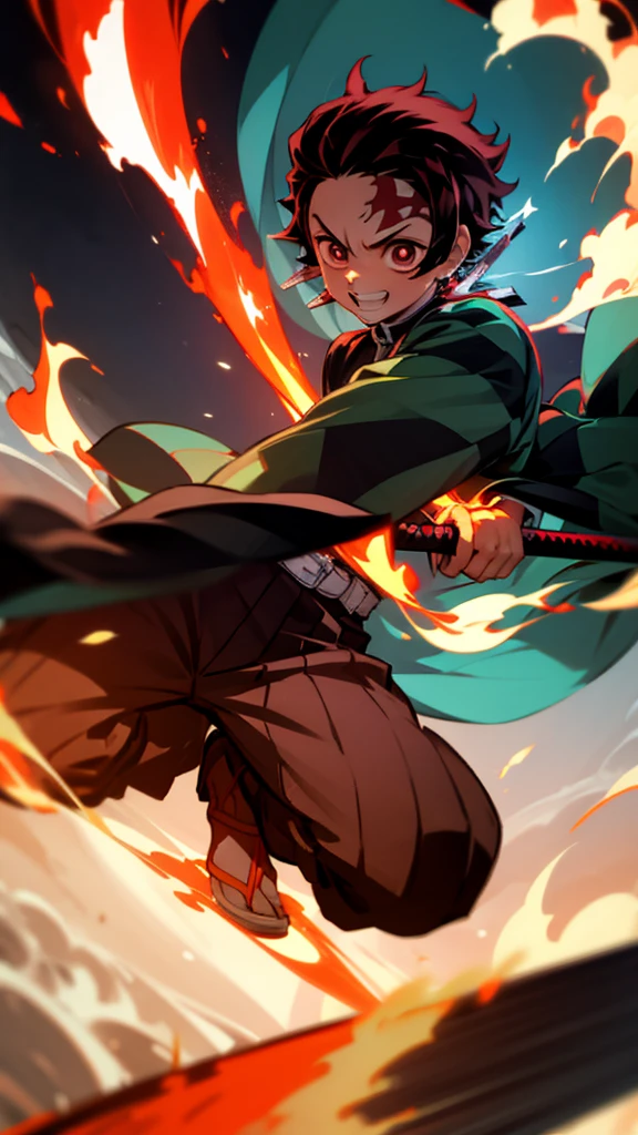 Boy (Tanjiro) using sword, fire coming from sword, happy look, 