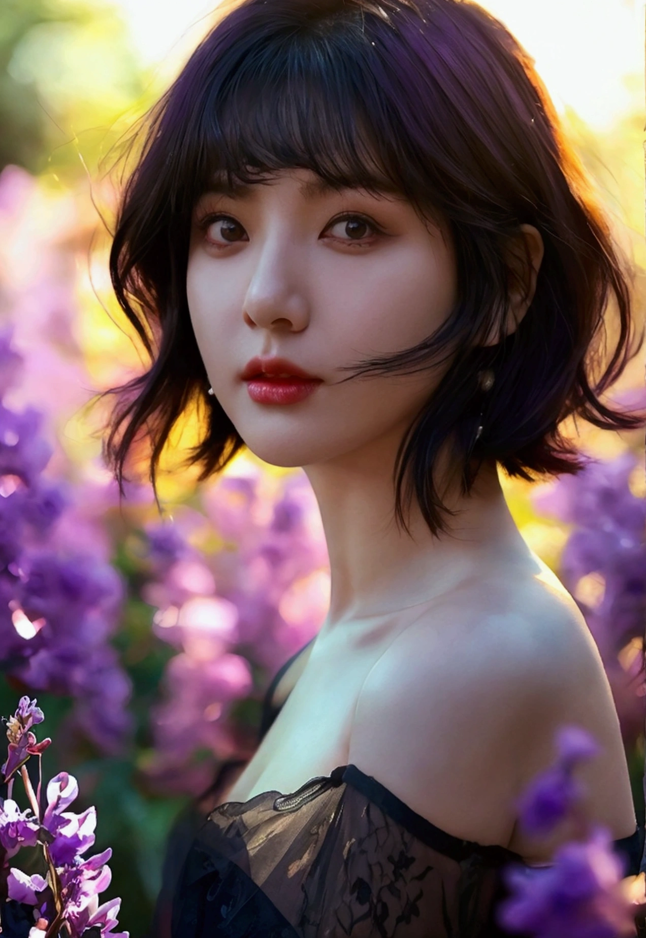 purple short  hair, kmj1, a woman, (realistic), (hyperrealism), (photorealistic), depth of field, eye makeup:0.8, (upper body:1.2), (narrow waist), looking at the viewer, black dress, at the field, huge breast
