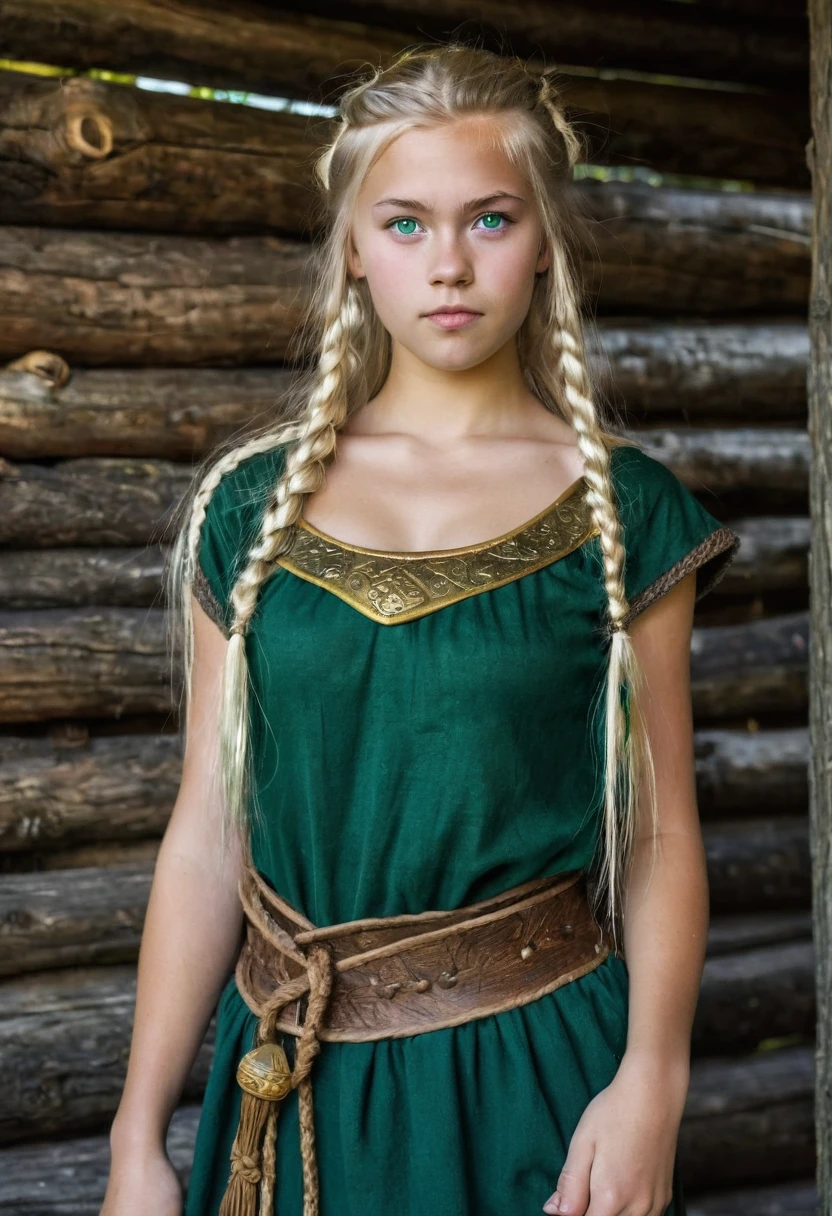 front view, Viking girl,12 century, looking at viewer,  Sweden Young girl, beautiful female, 18 years old, (Highly detailed face, Ordinary eyes, emerald green eye,  gold hair, fringe, Variegated eyes, Fuller lips, little Lips), (Middle breasts, Slender Whist, Middle Hip) ,(Viking costume, clothes), standing pose, in log house