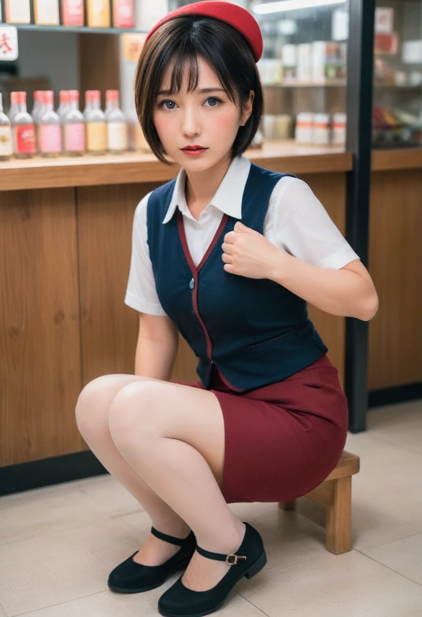 Mature woman in uniform,50 years old、Wine red beret、 Tight Skirt、Wine red vest、White shirt,Place your hands behind your head to expose your armpits、Face forward and squat on the floor with your legs slightly apart.、The face has a serious expression、Inside the Japanese sweets shop、Short Bob Cut、Black Hair、ｃcup、Feminine, slim, exposed thighs、Wearing flesh-colored stockings