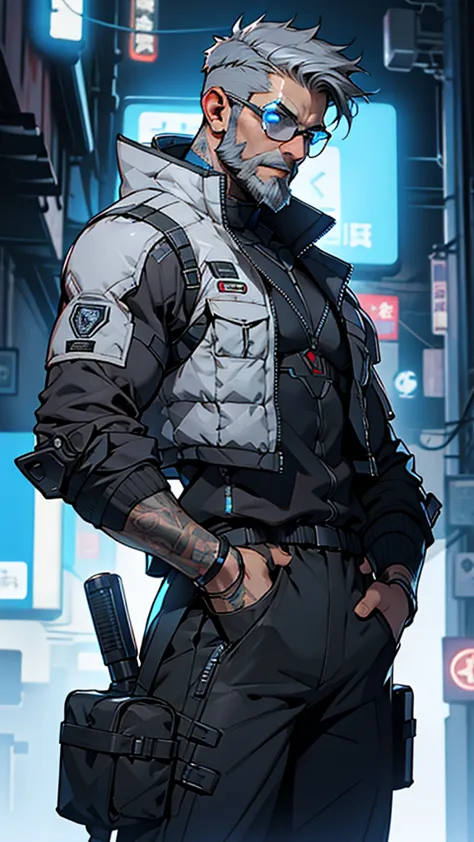 grey and blue mesh short hair、glasses、male、tactical vest、whole body、cyber punk、view here、front、beard、whole body傷跡