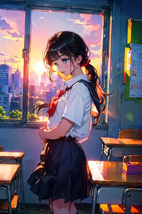 1girl,solo,cute,a girl in love,shirt and skirt,student,in classroom,after school,sunset