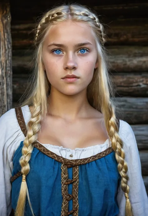 front view, viking girl,12 century,  sweden young girl, beautiful female, 18 years old, (highly detailed face, ordinary eyes, bl...