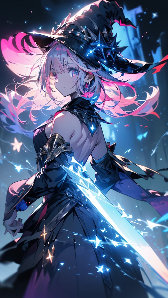 Best quality, Ultra detailed, best quality, insanely detailed, beautiful, masterpiece, 8k, 
break  
Lens Flare,night sky, Streaks of Light,refraction Glowing white lines ,Crossing Light,Shining Background, light particles
break 
in dark forest,
break 
1lady, pink hair, short hair, witch hat, green hat, Crescent-shaped ornament, on hat, pink eyes, witch robe, dark blue robe, star-shaped ornament on the center of chest, witch wand on right hand, sparkling lights from top of wand, shimmering aura around lady, 
Break
Stone dragon, from back,