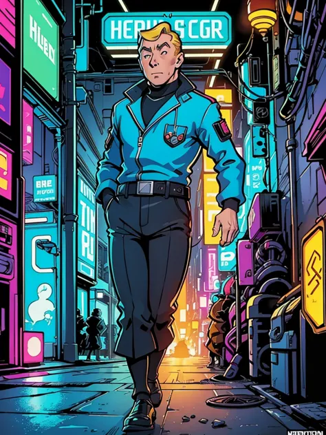 one of the official covers of hergé's comics, but it's cyberpunk in neon colors.