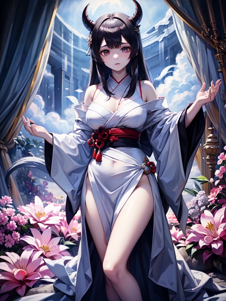 //Character 1 Girl, Tragic Princesses of Ancient Japan, Slim and soft, Medium-sized big breasts, Ultra detailed face, So cute, Innocent, Round face, Thin eyebrows, Iris, (Clear skin, Super Extra Pale, Looks sick, sad:1.6), (A shadow on her cheek), sorrow, Very long hair, Black Hair, Straight bangs, Devil horns on my head BREAK //Fashion Japanese ghost-inspired outfit Her outfit is styled with the image of the clothes of death Pure white Japanese kimono, BREAK IN A BAMBOO GROUND FEATURED WITH DARK GRAY FLOWERS, Deep in the mountains, Very dark, cold, The snow falls quietly, Cover your mouth with sleeves,Highest quality, Very detailed, Japanese Goddess, Goddess of the night and the moon (Tsukuyomi:1.5), Black Hair, Bright Eyes, Beautiful Eyes, (A circle of light behind her:1.3), (She runs beside the red night and moon.:1.3), (It is a very luxurious white formal dress with many decorations.。:1.5), Cinema Lighting, moon, performer, bright light line, Mature Woman, sexly, big , Amaterasu Oomikami, delicate, very sexly woman, sensual girl, big busty,
