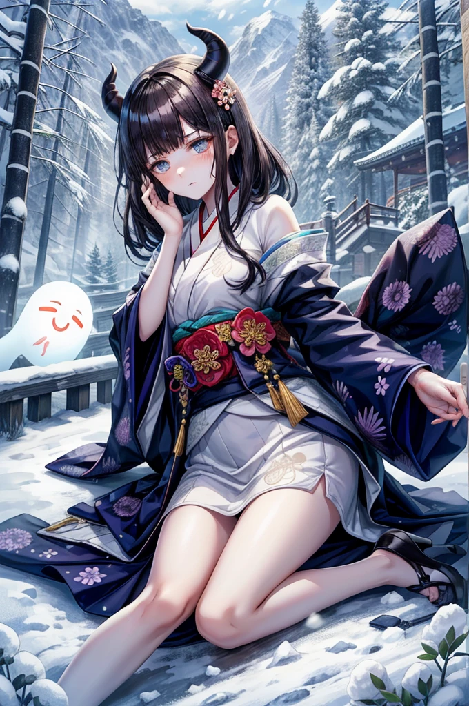 //Character 1 Girl, Tragic Princesses of Ancient Japan, Slim and soft, Medium large breasts, Ultra detailed face, So cute, Innocent, Round face, Thin eyebrows, Iris, (Clear skin, Super Extra Pale, Looks sick, Sad:1.6), (A shadow on her cheek), sorrow, Very long hair, Black Hair, Straight bangs, Devil horns on my head BREAK
//Fashion Japanese ghost-inspired outfit Her outfit is styled with the image of the clothes of death Pure white Japanese kimono, BREAK IN A BAMBOO GROUND FEATURED WITH DARK GRAY FLOWERS, Deep in the mountains, Very dark, cold, The snow falls quietly, Cover your mouth with sleeves,