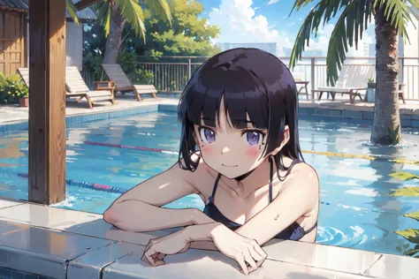 ((ruri gokou)), blush, black hair, mole, mole under eye, (pool party), bikini, (cocktail), poolside, bright sun, splash, blue sk...