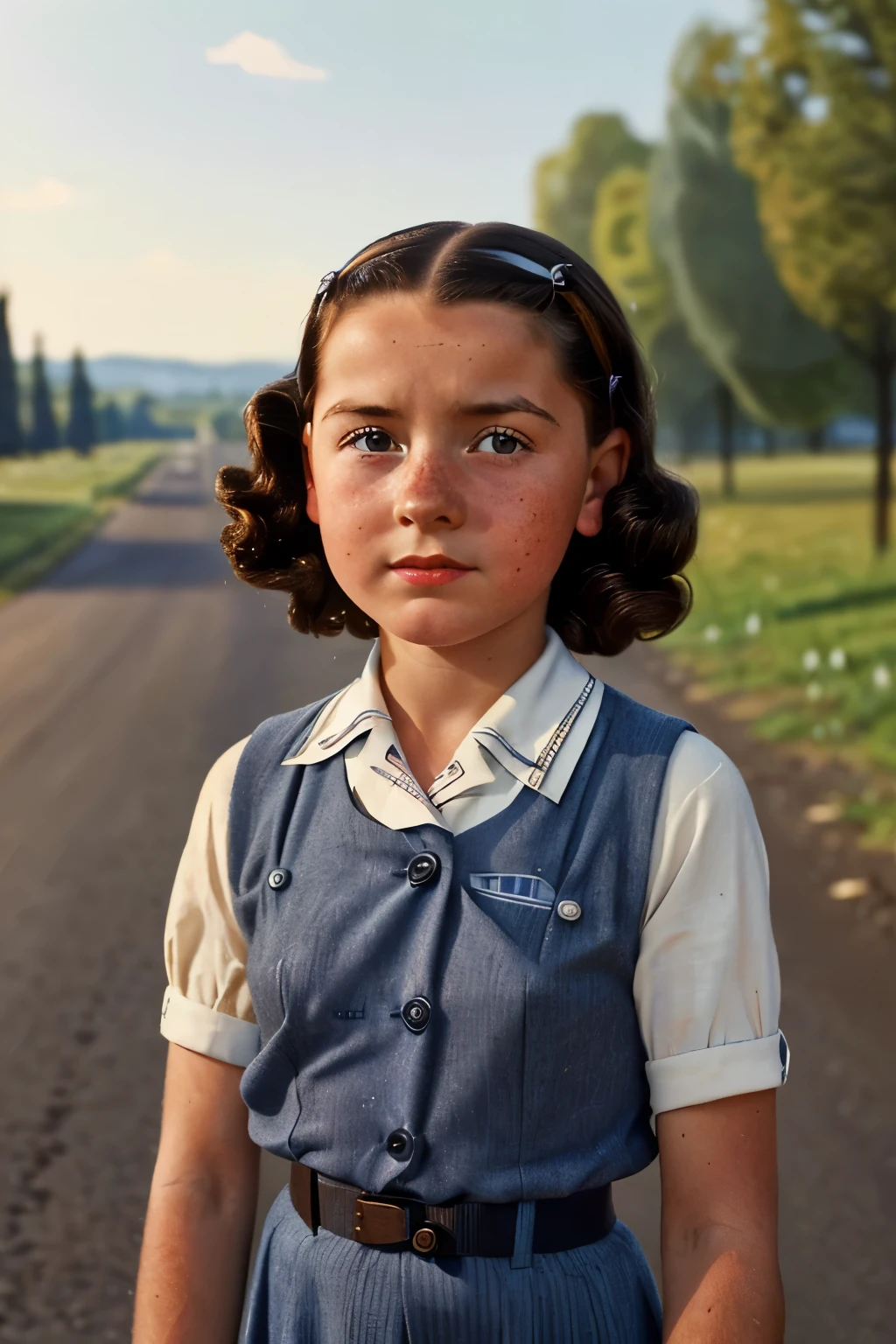 France, 1940. A little ((((12-year-old)) Marie-Laure LeBlanc)), freckles, in a country road, ((worried expression)), ((((clothings from the 1940s)))), ((dark hairstyle of the 1940s))