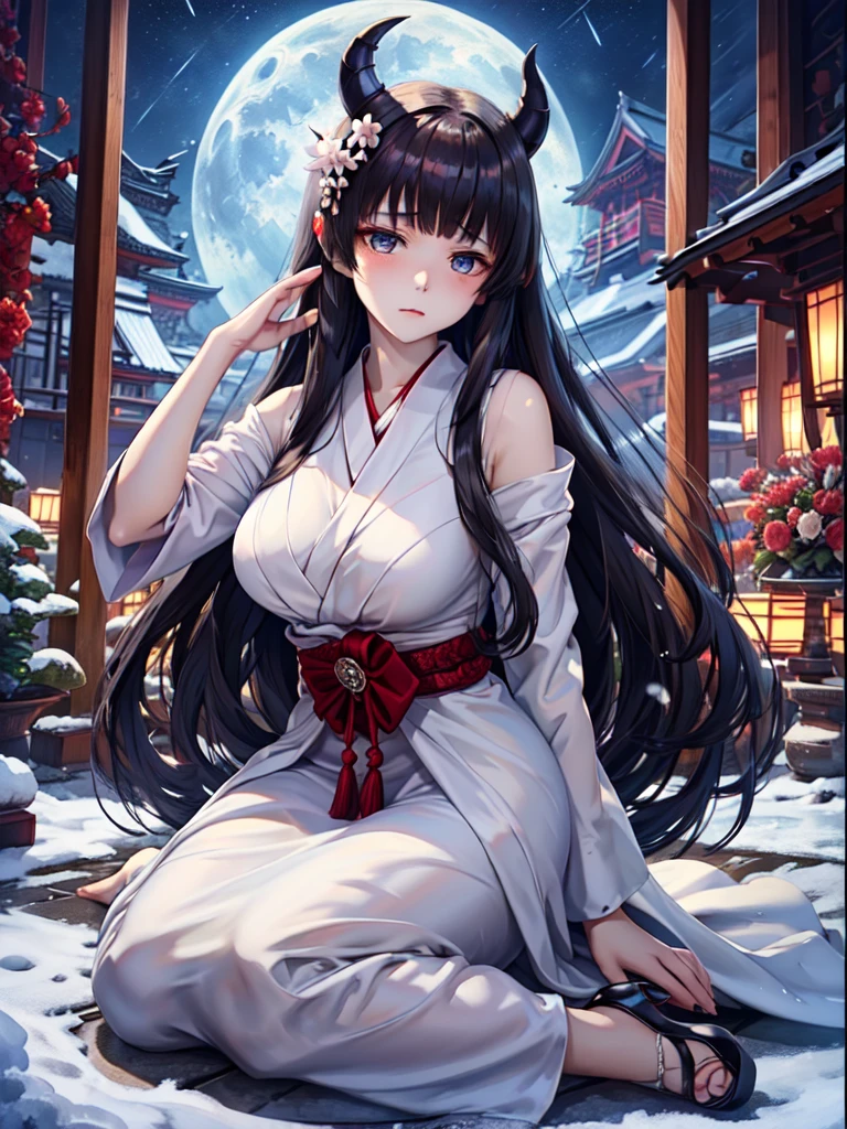 //Character 1 Girl, Tragic Princesses of Ancient Japan, Slim and soft, Medium-sized big breasts, Ultra detailed face, So cute, Innocent, Round face, Thin eyebrows, Iris, (Clear skin, Super Extra Pale, Looks sick, sad:1.6), (A shadow on her cheek), sorrow, Very long hair, Black Hair, Straight bangs, Devil horns on my head BREAK //Fashion Japanese ghost-inspired outfit Her outfit is styled with the image of the clothes of death Pure white Japanese kimono, BREAK IN A BAMBOO GROUND FEATURED WITH DARK GRAY FLOWERS, Deep in the mountains, Very dark, cold, The snow falls quietly, Cover your mouth with sleeves,Highest quality, Very detailed, Japanese Goddess, Goddess of the night and the moon (Tsukuyomi:1.5), Black Hair, Bright Eyes, Beautiful Eyes, (A circle of light behind her:1.3), (She runs beside the red night and moon.:1.3), (It is a very luxurious white formal dress with many decorations.。:1.5), Cinema Lighting, moon, performer, bright light line, Mature Woman, sexly, big , Amaterasu Oomikami, delicate, very sexly woman, sensual girl, big busty,