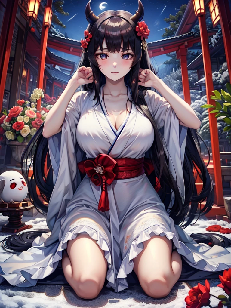 //Character 1 Girl, Tragic Princesses of Ancient Japan, Slim and soft, Medium-sized big breasts, Ultra detailed face, So cute, Innocent, Round face, Thin eyebrows, Iris, (Clear skin, Super Extra Pale, Looks sick, sad:1.6), (A shadow on her cheek), sorrow, Very long hair, Black Hair, Straight bangs, Devil horns on my head BREAK //Fashion Japanese ghost-inspired outfit Her outfit is styled with the image of the clothes of death Pure white Japanese kimono, BREAK IN A BAMBOO GROUND FEATURED WITH DARK GRAY FLOWERS, Deep in the mountains, Very dark, cold, The snow falls quietly, Cover your mouth with sleeves,Highest quality, Very detailed, Japanese Goddess, Goddess of the night and the moon (Tsukuyomi:1.5), Black Hair, Bright Eyes, Beautiful Eyes, (A circle of light behind her:1.3), (She runs beside the red night and moon.:1.3), (It is a very luxurious white formal dress with many decorations.。:1.5), Cinema Lighting, moon, performer, bright light line, Mature Woman, sexly, big , Amaterasu Oomikami, delicate, very sexly woman, sensual girl, big busty,