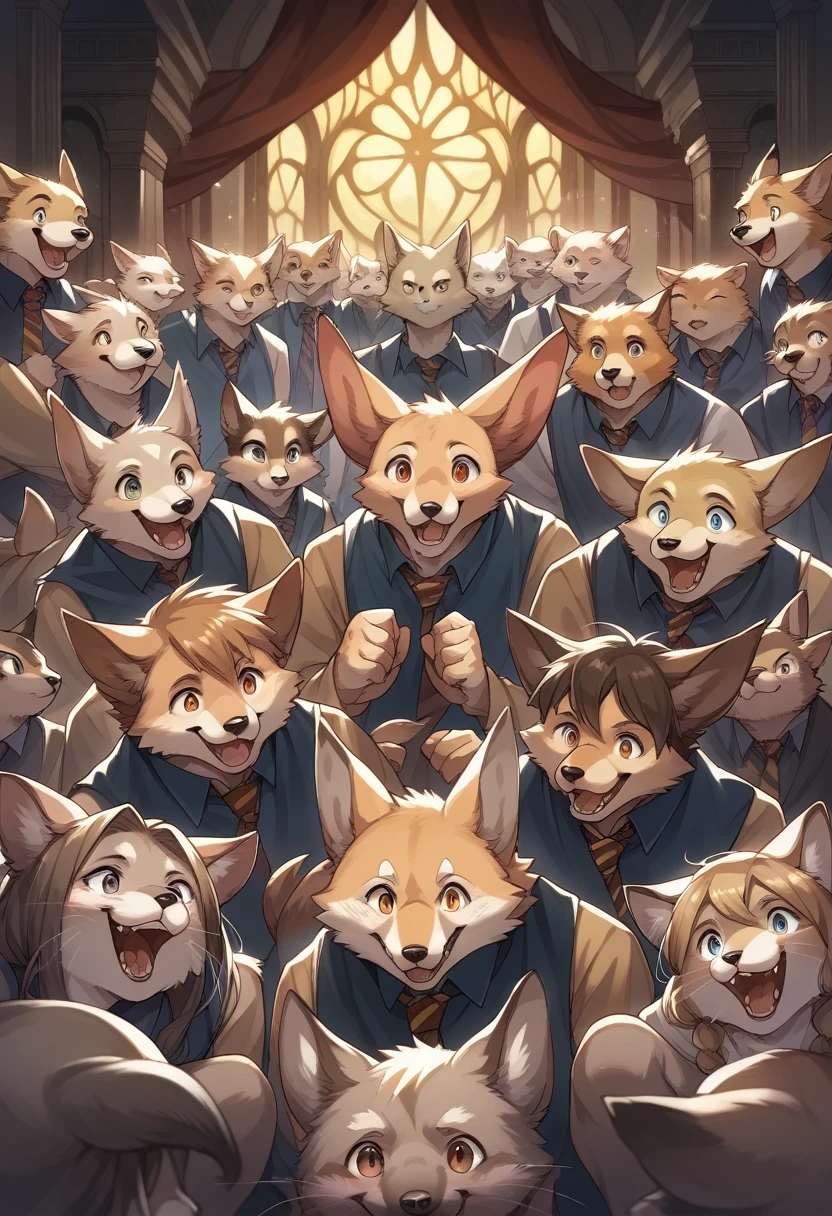 dynamic angle, top quality, best quality, High-quality illustrations, masterpiece, super high resolution, detailed background, detailed background, Harry Potter series, group shot:0.1, 6+boys, 6+girls, Happy, joyful, absurdres(highly detailed beautiful face and eyes)perfect anatomy(kemono, furry anthro),