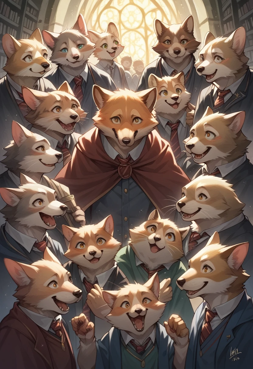 dynamic angle, top quality, best quality, High-quality illustrations, masterpiece, super high resolution, detailed background, detailed background, Harry Potter series, group shot:0.1, 6+boys, 6+girls, Happy, joyful, absurdres(highly detailed beautiful face and eyes)perfect anatomy(kemono, furry anthro),