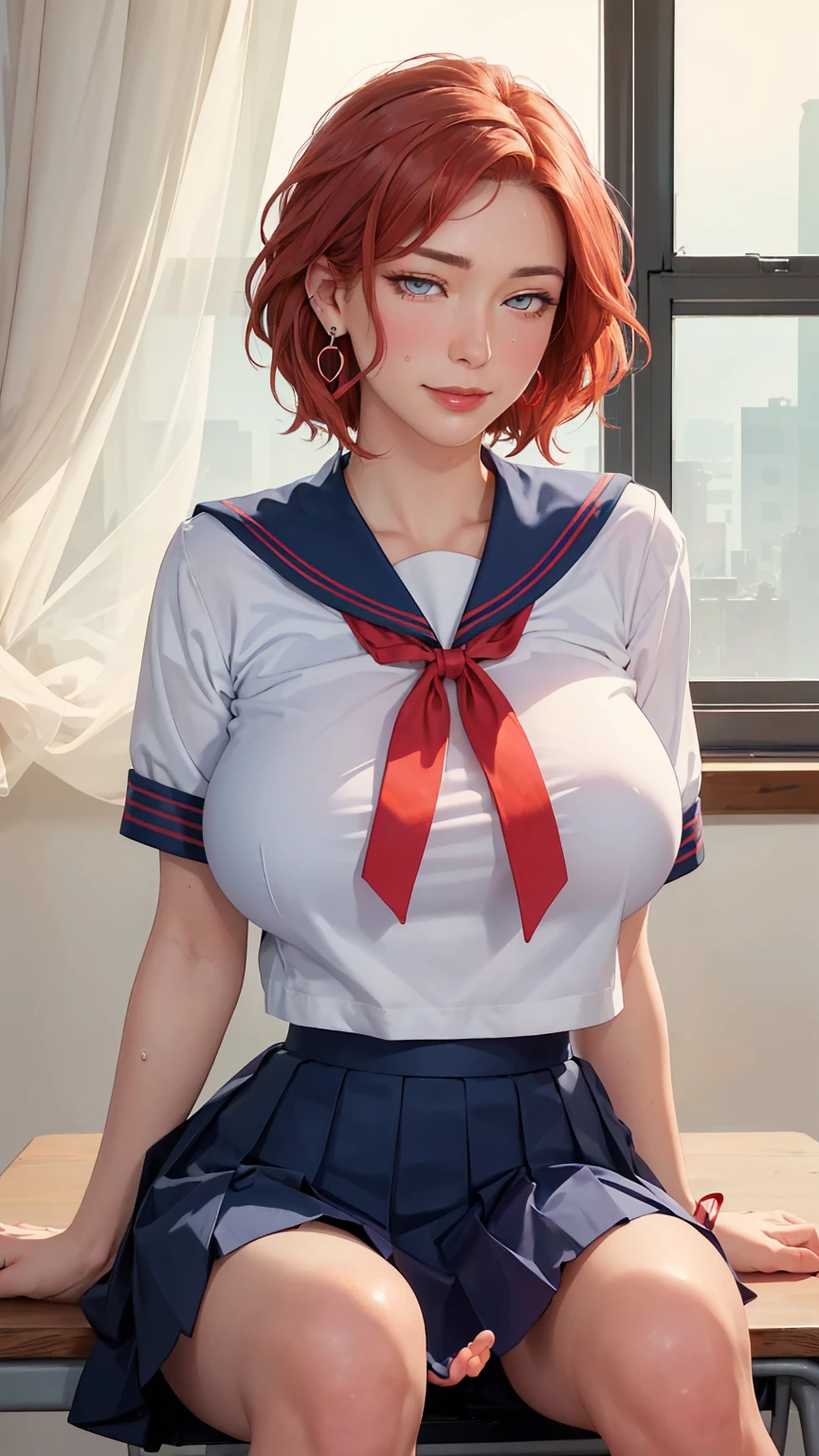 ((((masterpiece, best quality, high resolution)))), Extremely detailed 8K, Beautiful girl with voluptuous body, (Ultra HD, Ultra-detailed, Highly detailed, Highly realistic, Ultra-realistic, photograph realistic), (1girl:1.5), (Realistic red hair), (short wavy hair, hair ornaments, earrings), (dynamic poses), facing at camera, looking at viewer, (blushing red, embarrassed, exhausted, smile), (pink eyes, sharp eyes), (extra huge perky breasts:1.2), (wide hips:1.2), (beautiful detailed face, beautiful detailed eyes), ((sailor fuku uniform, red ribbon, blue plated skirt)), (detail pussy), (sitting on desk:1.3), sweat, glow, (sunbeam, sunlight), ((cowboy shot)), classroom, seductive