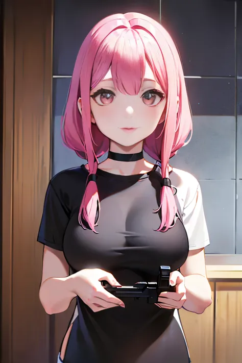 ((upper body photo))、cute face、pink hair、long hair、twin tails、white skin、((shooting from the front:1.5 ))、((tight black t-shirt:...