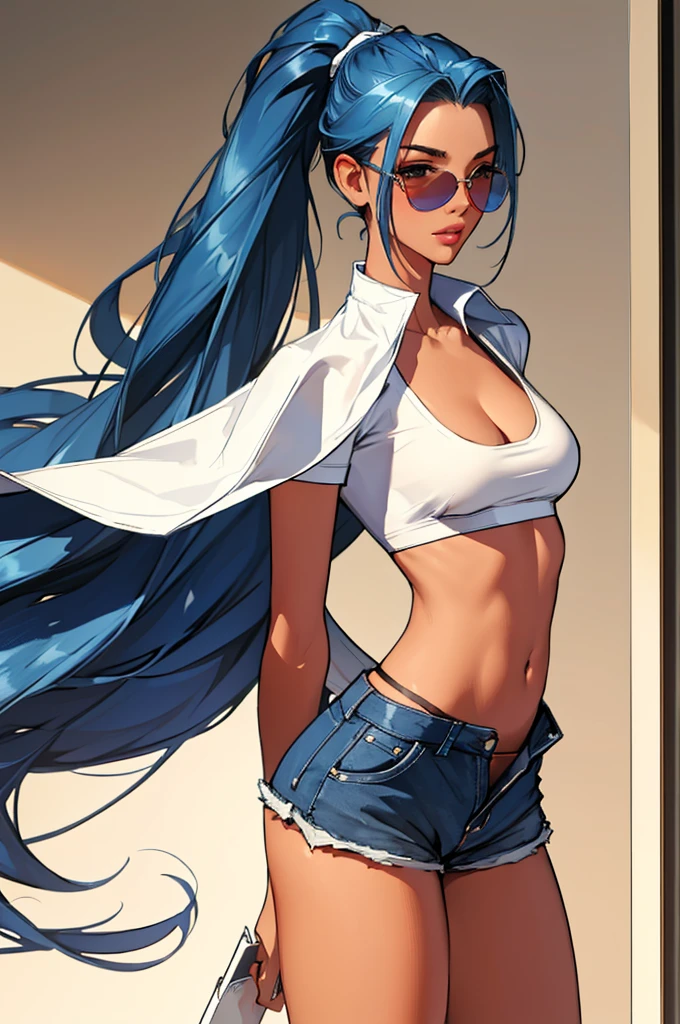 (best quality: 1.2), clean face, (masterpiece: 1.2, 8k) perfect anatomy, 1girl,a beautiful fashion model ,(masterpiece, official art, best quality ,long and shiny hair, blue hair with streaks in hair, long hair, full lips, slender body, slim body big breasts, looking at viewer, revealing outfit, absurdity, intricate details, dynamic pose, club, , wearing short shorts and a tight white top, cleavage, thong straps,  ponytail, sunglasses, celebrity