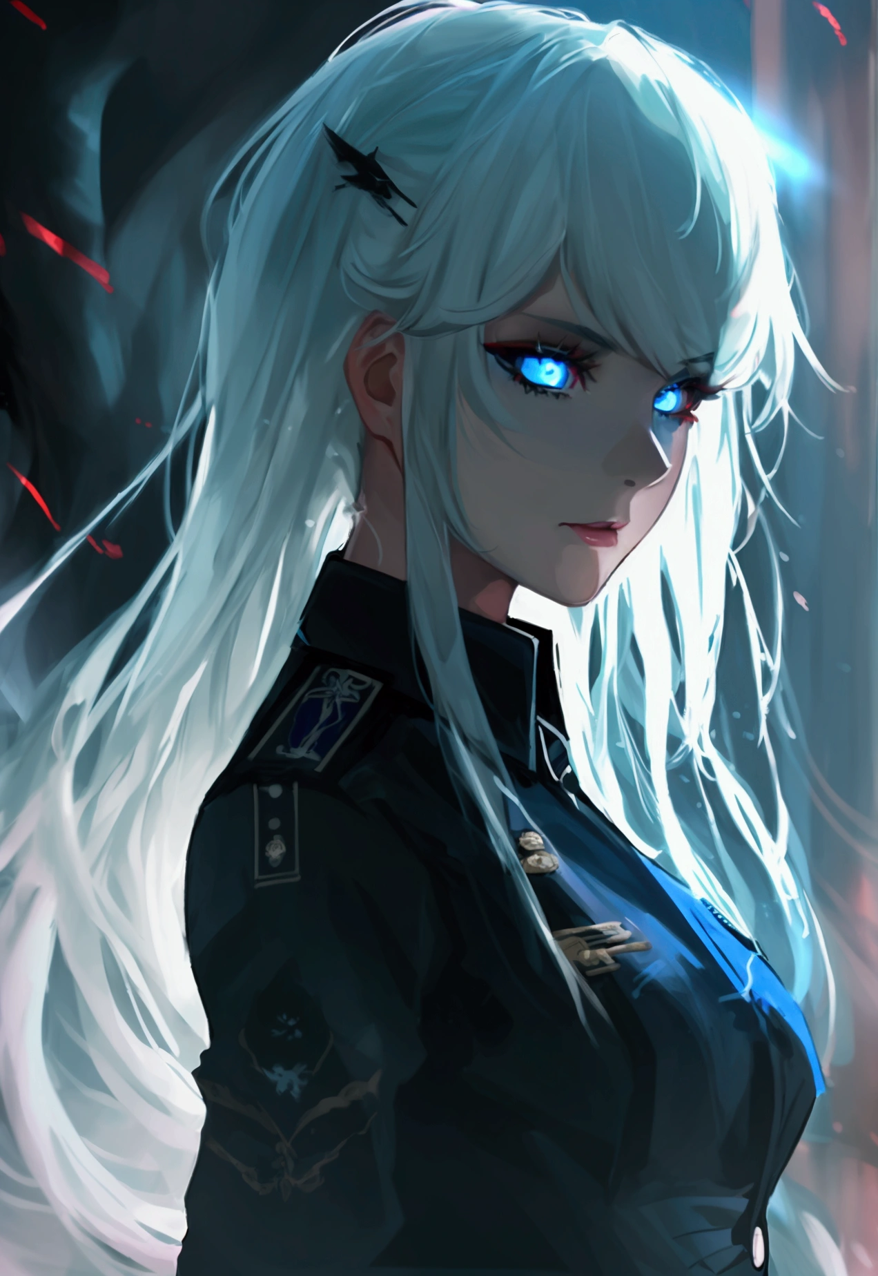 (beste Qualität,4k,8k,highres,Meisterwerk:1.2),1 Mädchen,Anime-Serie,Militäruniform,Dunkelblaue Uniform,langes weißes Haar,Weiße Augen,böser Anblick,Detailliertes Gesicht,Detaillierte Augen,detaillierte Lippen,lange Wimpern,digital art,filmische Beleuchtung,dunkle, stimmungsvolle Atmosphäre,dramatische Schatten auf drei Seiten