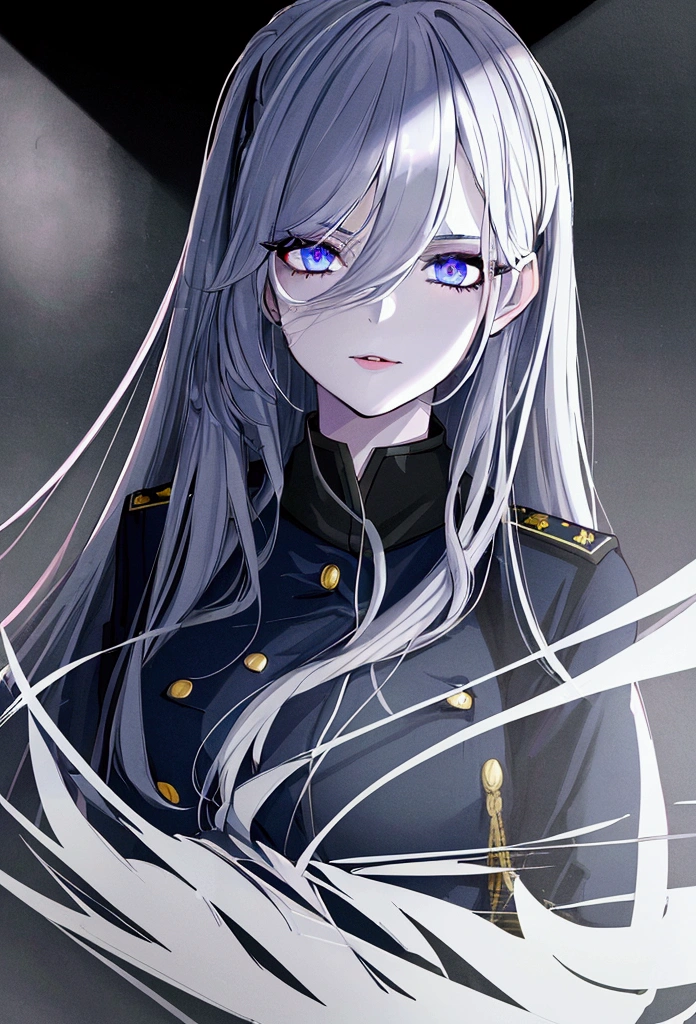 (beste Qualität,4k,8k,highres,Meisterwerk:1.2),1 Mädchen,Anime-Serie,Militäruniform,Dunkelblaue Uniform,langes weißes Haar,Weiße Augen,böser Anblick,Detailliertes Gesicht,Detaillierte Augen,detaillierte Lippen,lange Wimpern,digital art,filmische Beleuchtung,dunkle, stimmungsvolle Atmosphäre,dramatische Schatten auf drei Seiten